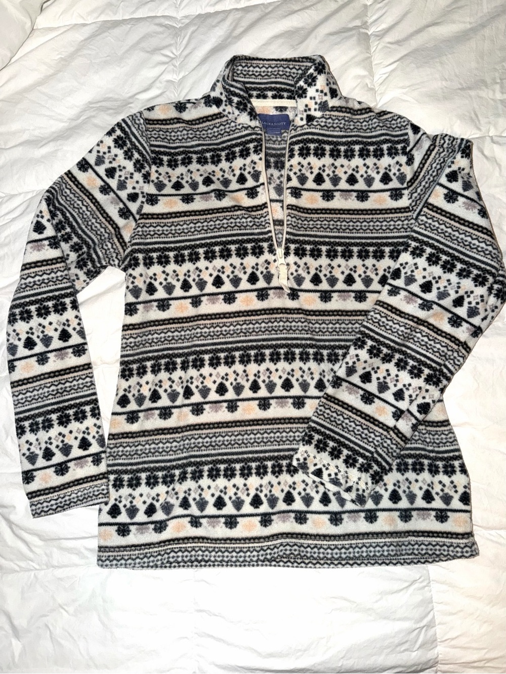 Laura Scott Cream and Black Fair Isle Quarter-Zip Pullover S